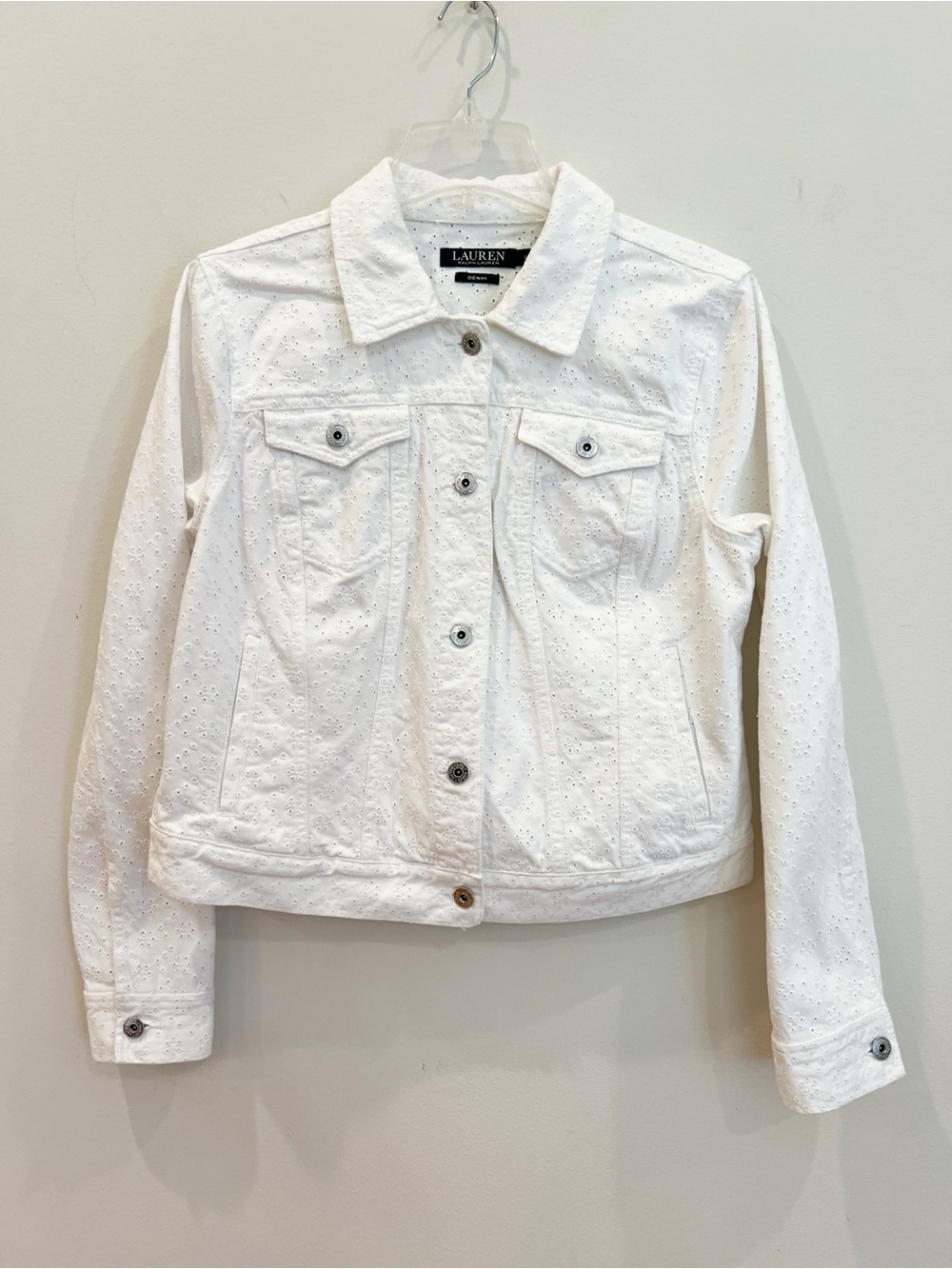 Lauren Ralph Lauren Denim Jacket Womens Large White Eyelet Embroidered Classic
